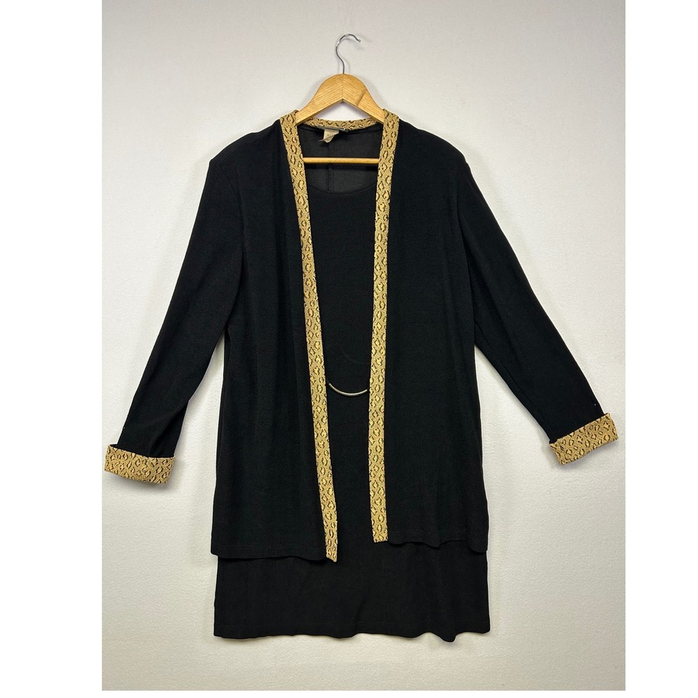 Mob Wife Glam L.L. Martin Womens 16M Black Gold Leopard Trim Dress Cardigan Set